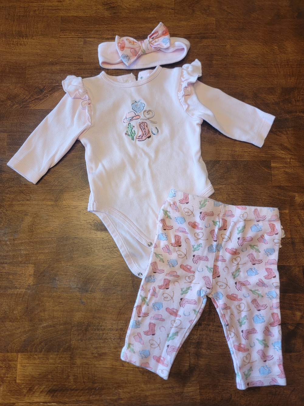 Little Me Light Pink Ruffle Bodysuit Set with Boot Print Leggings & Headband